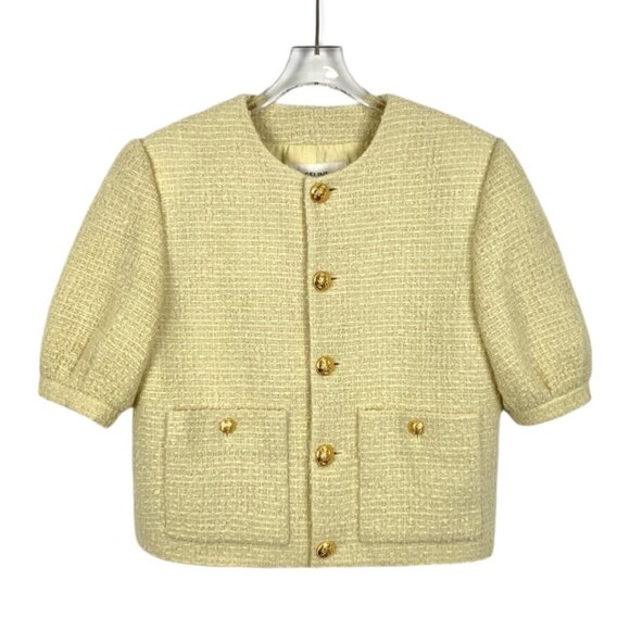 Celine Yellow Single-Breasted Gold Button Crew Neck Short-Sleeve Wool Knit Set